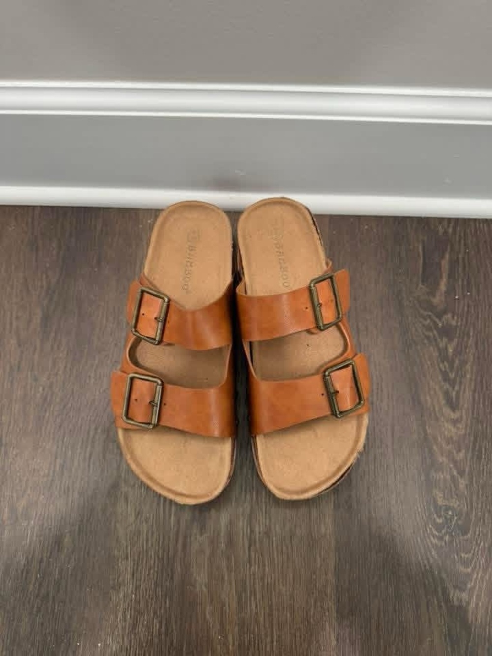 BAMBOO Tan Dual-Buckle Wedge Slide Sandals - Picture 1 of 2